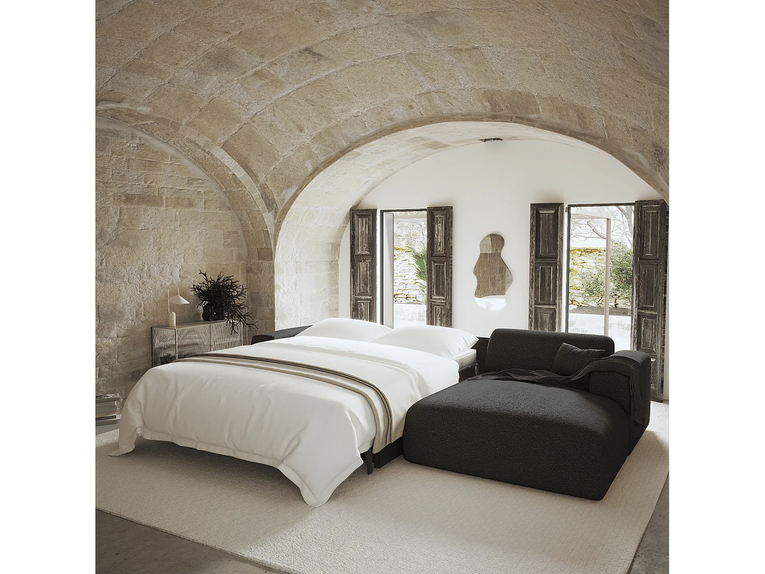 Canapé angle droit convertible dunlopillo 5 places bouclette noir