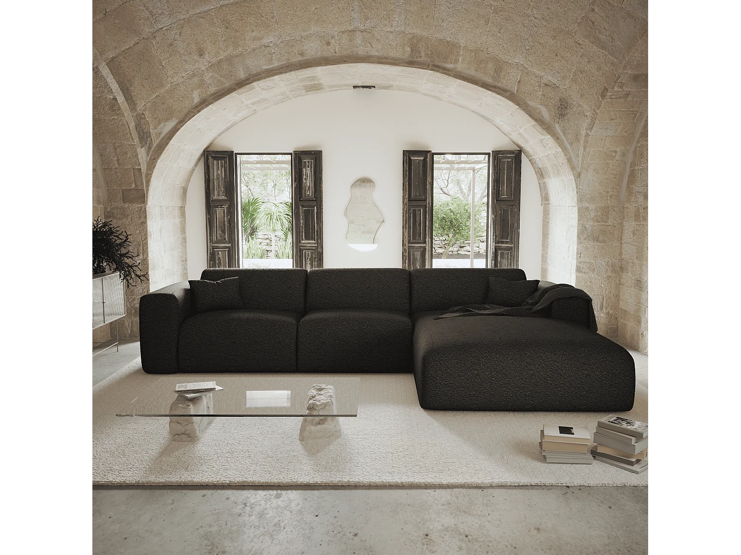 Canapé angle droit convertible 5 places bouclette anthracite foncé MYRA