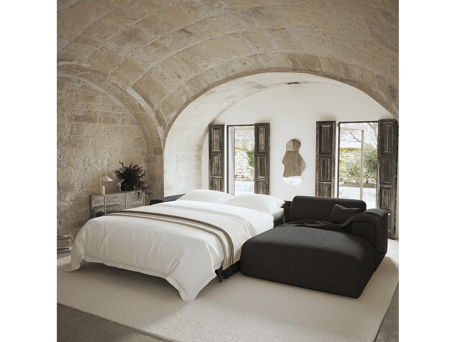 Canapé angle droit convertible 5 places bouclette anthracite foncé MYRA