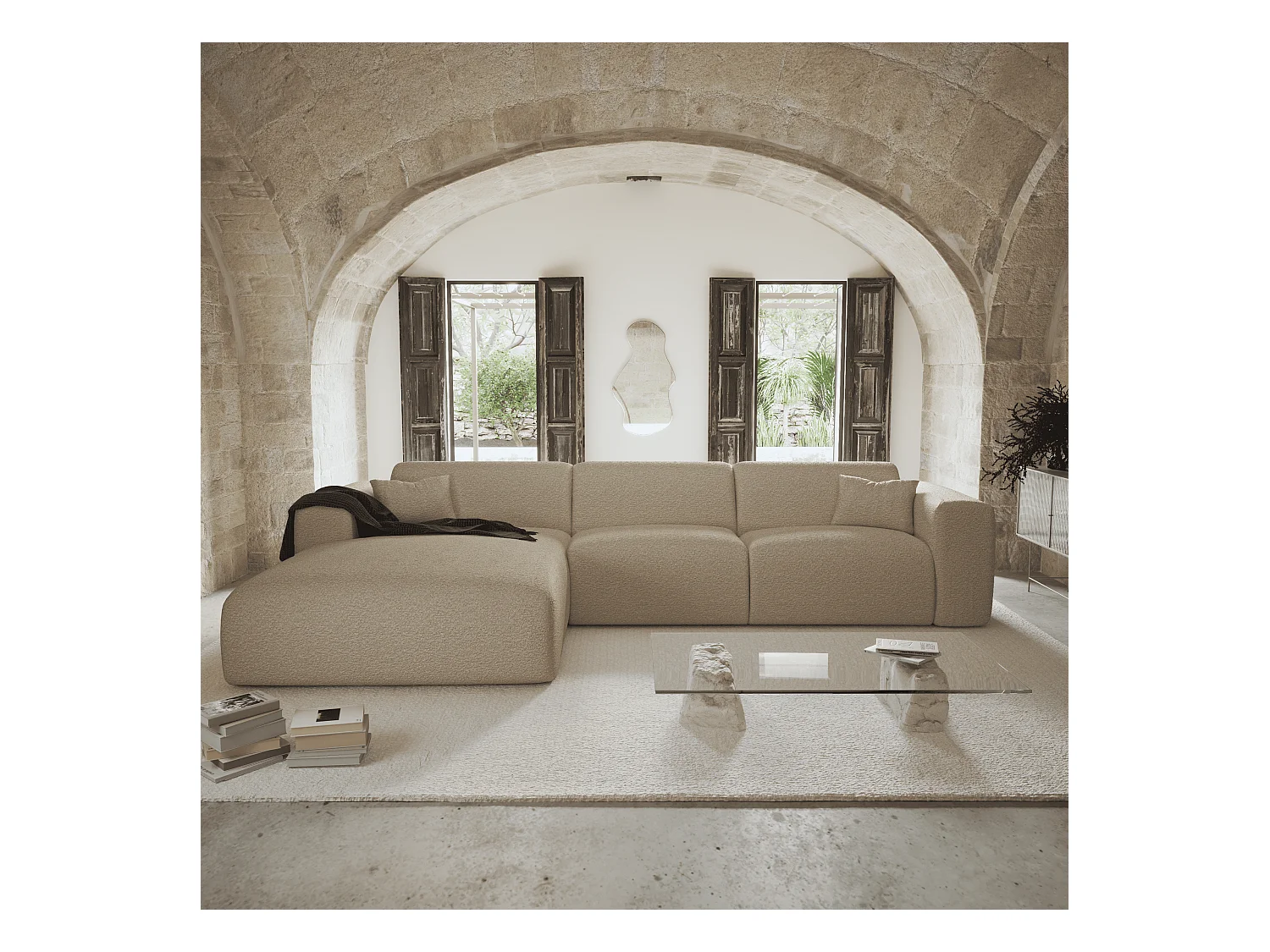 Canapé angle gauche convertible dunlopillo 5 places bouclette taupe