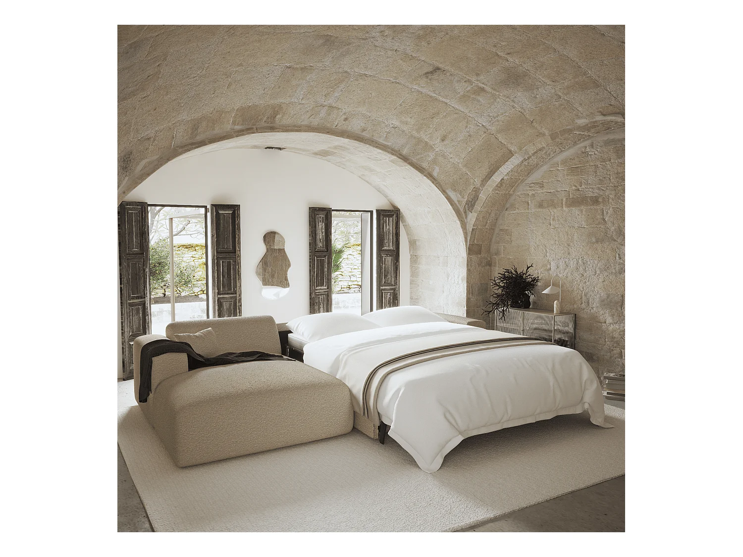 Canapé angle gauche convertible dunlopillo 5 places bouclette taupe