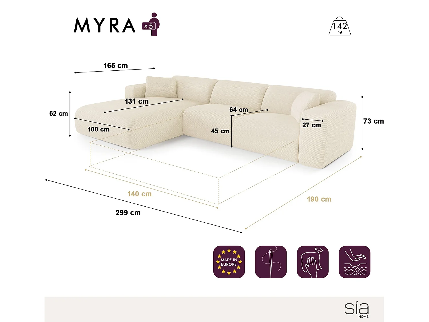 Canapé angle gauche convertible 5 places MYRA en tissu bouclette taupe