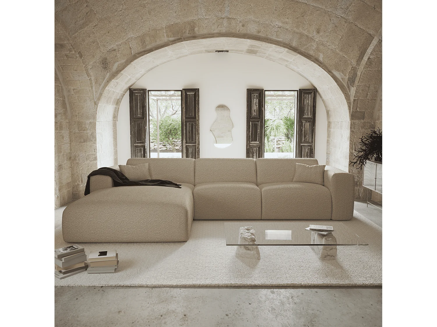 Canapé angle gauche convertible 5 places MYRA en tissu bouclette taupe