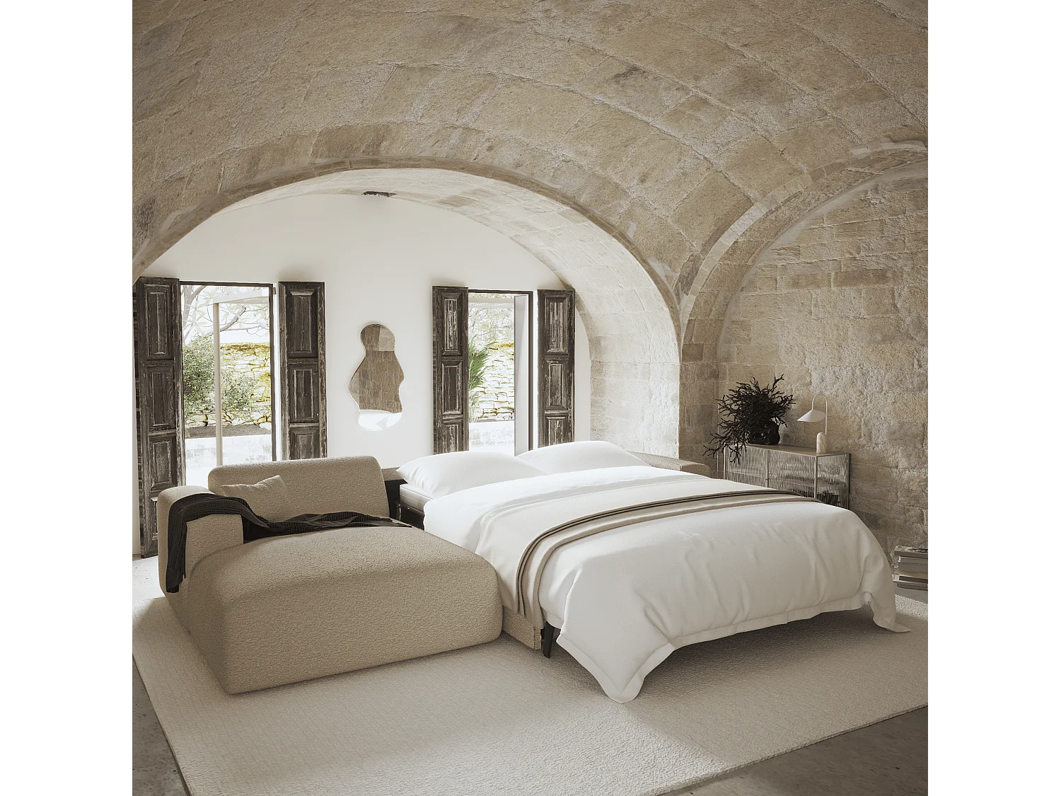 Canapé angle gauche convertible 5 places MYRA en tissu bouclette taupe