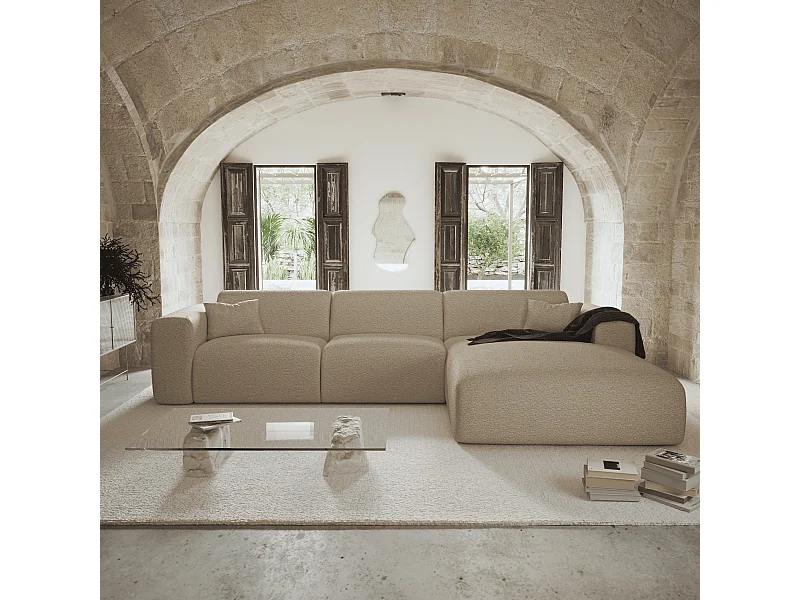 Canapé angle droit convertible dunlopillo 5 places bouclette taupe MYRA