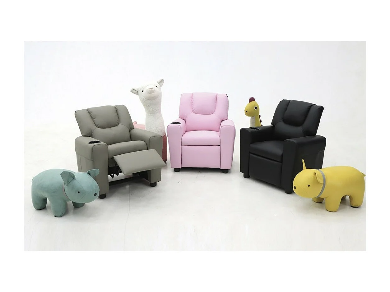 Mini poltrona relaxante ITCHI com elevação manual, feita de PU na cor preta, ideal para uma sala confortável.