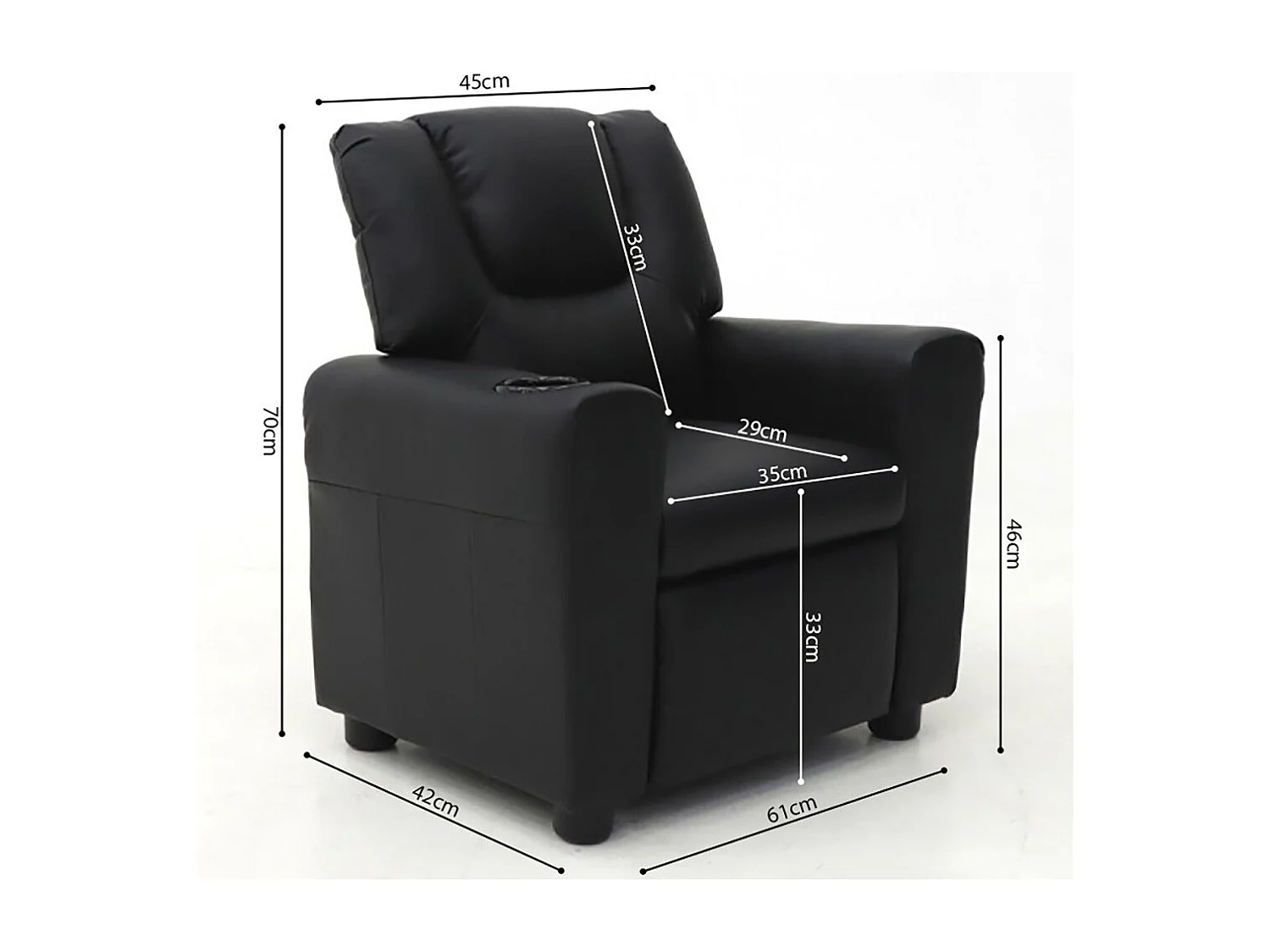 Mini poltrona relaxante ITCHI com elevação manual, feita de PU na cor preta, ideal para uma sala confortável.