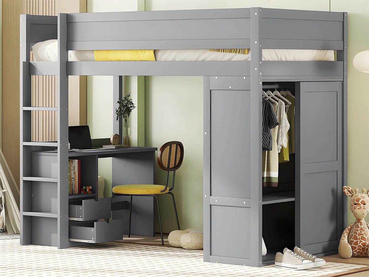 Mezzaninebed 90x200cm - multifunctioneel kinderbed - voorzien van kledingkast en bureau - in massief grenen - Grijs