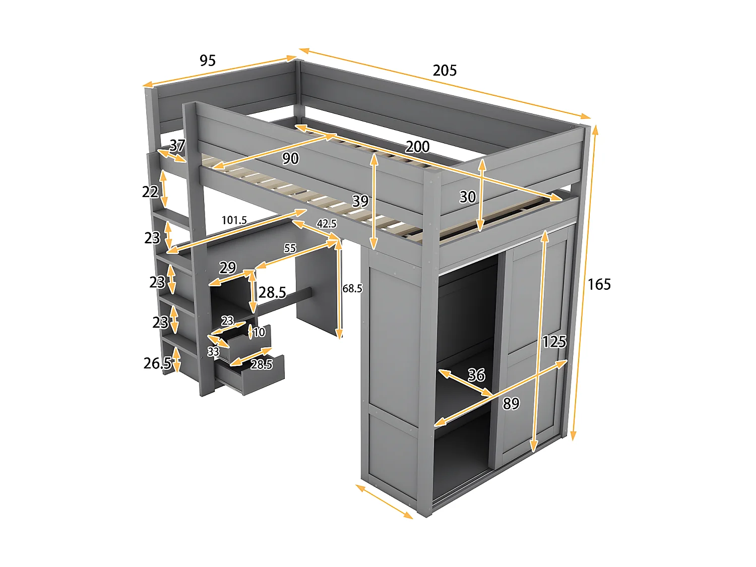 Mezzaninebed 90x200cm - multifunctioneel kinderbed - voorzien van kledingkast en bureau - in massief grenen - Grijs