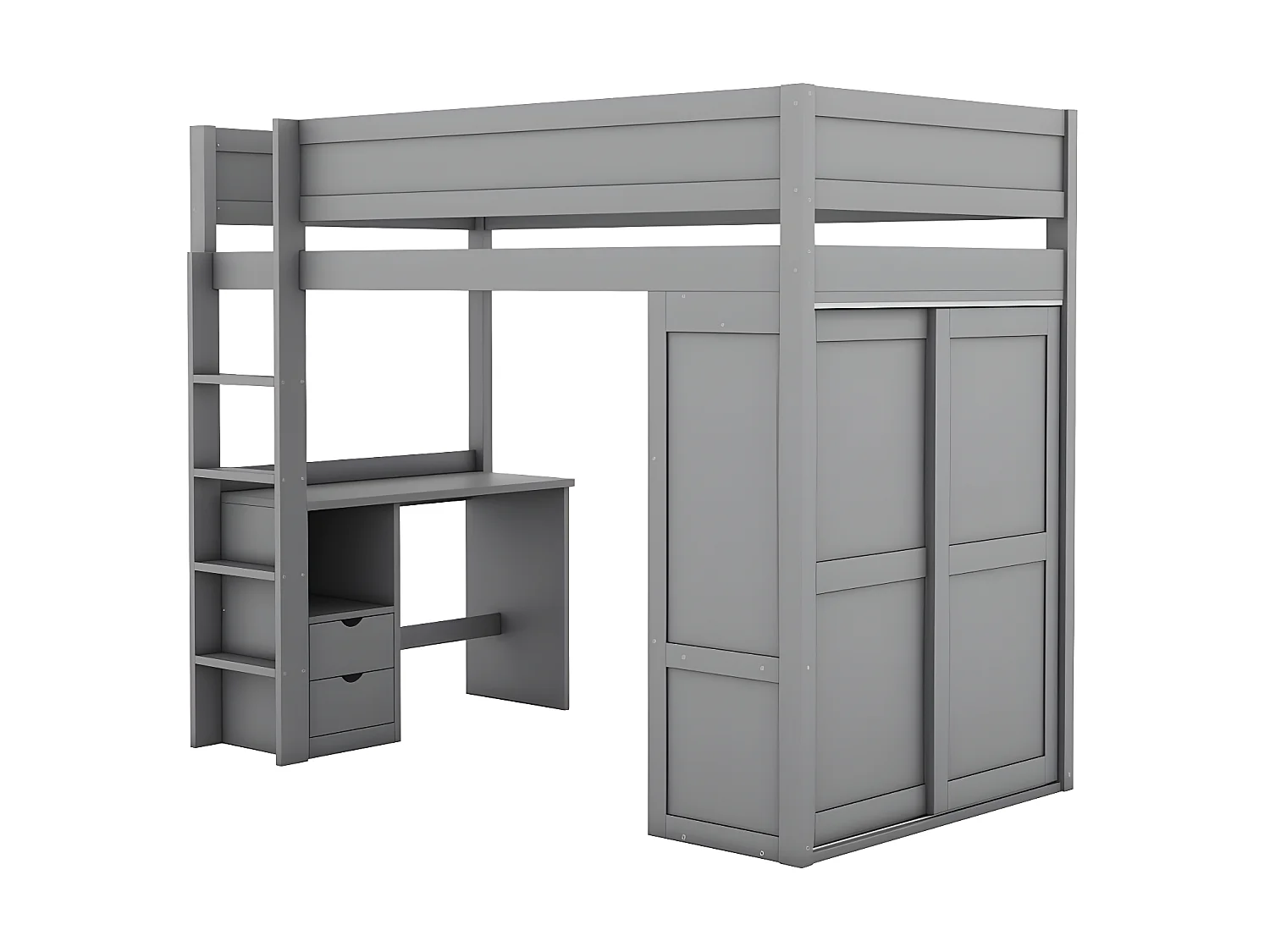 Mezzaninebed 90x200cm - multifunctioneel kinderbed - voorzien van kledingkast en bureau - in massief grenen - Grijs