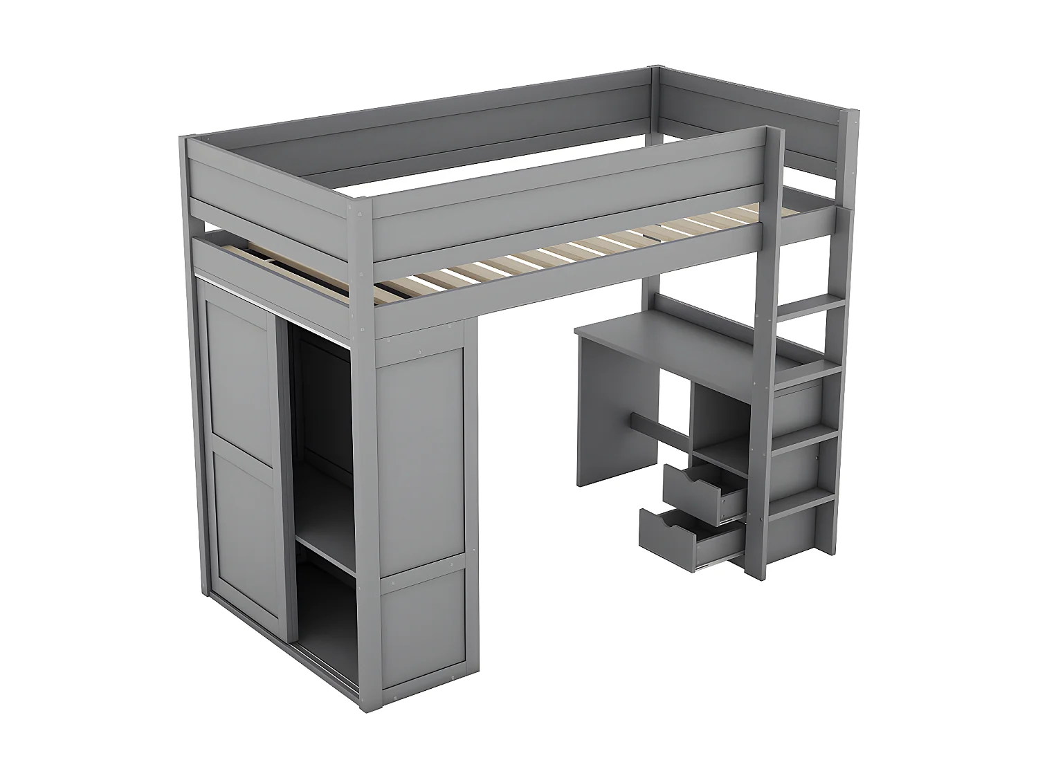 Mezzaninebed 90x200cm - multifunctioneel kinderbed - voorzien van kledingkast en bureau - in massief grenen - Grijs