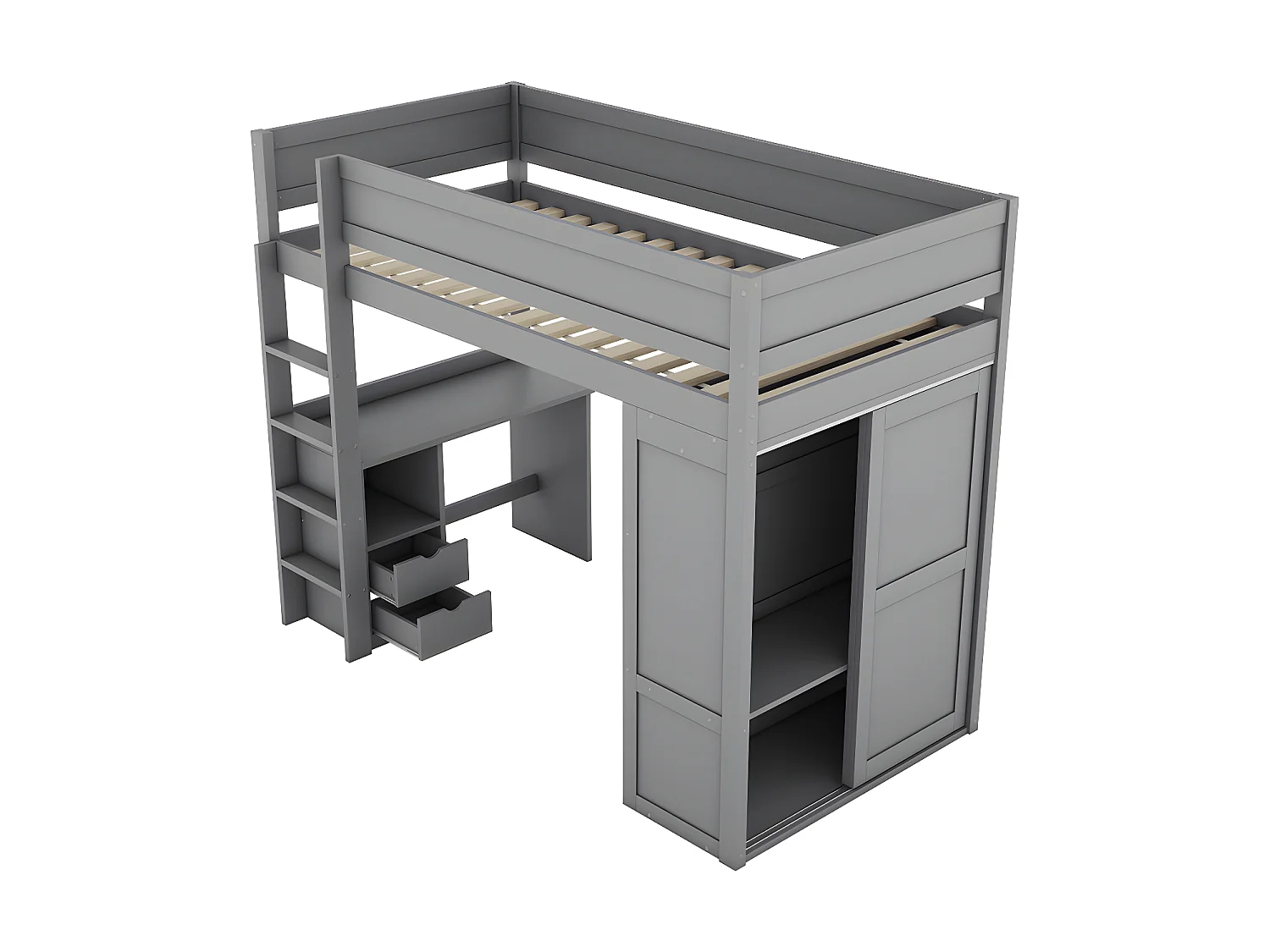 Mezzaninebed 90x200cm - multifunctioneel kinderbed - voorzien van kledingkast en bureau - in massief grenen - Grijs