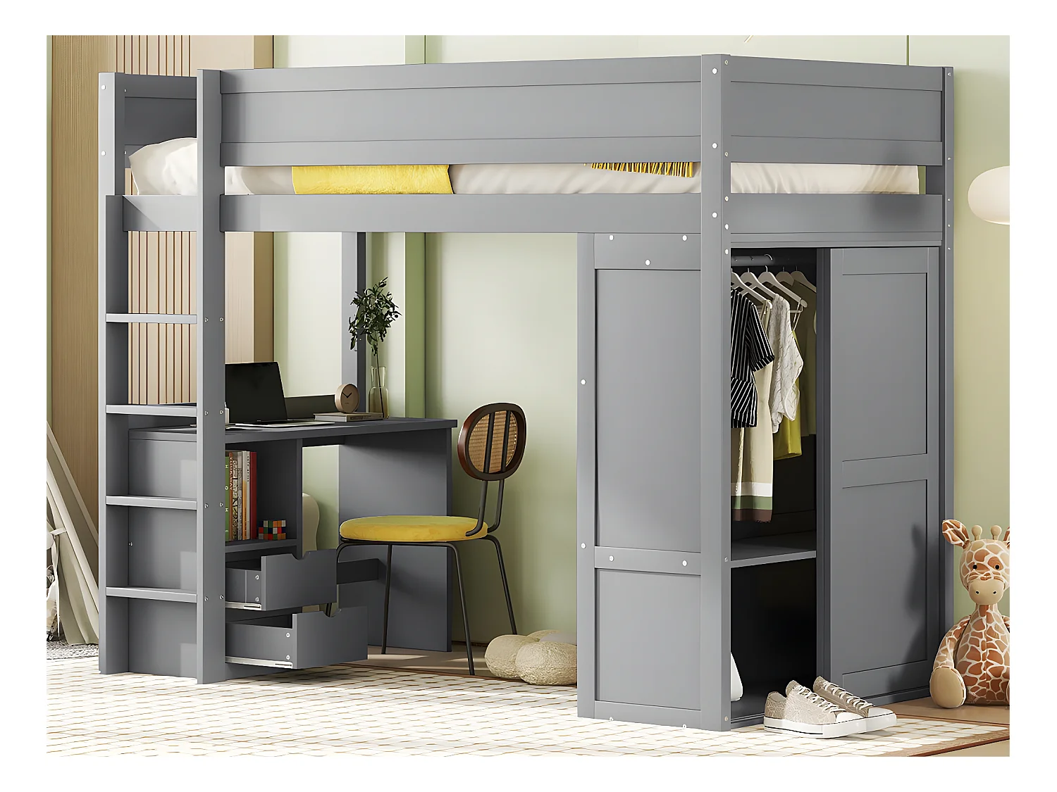 Lit mezzanine 90x200cm - lit enfant multifonctionnel - équipé d'une armoire et un bureau - en pin massif - Gris
