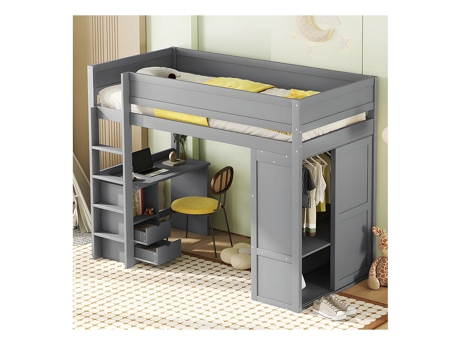 Mezzanine-Bett 90x200cm – multifunktionales Kinderbett – ausgestattet mit einem Kleiderschrank und einem Schreibtisch – aus massivem Kiefernholz – Grau