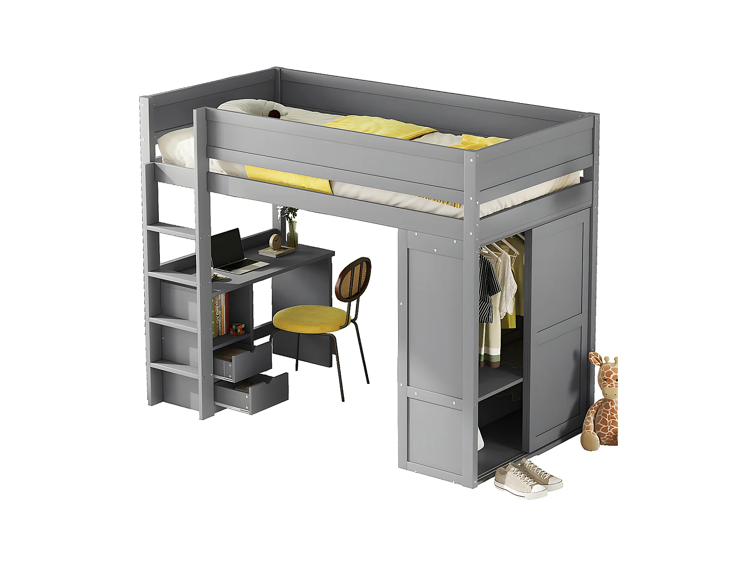 Mezzanine-Bett 90x200cm – multifunktionales Kinderbett – ausgestattet mit einem Kleiderschrank und einem Schreibtisch – aus massivem Kiefernholz – Grau