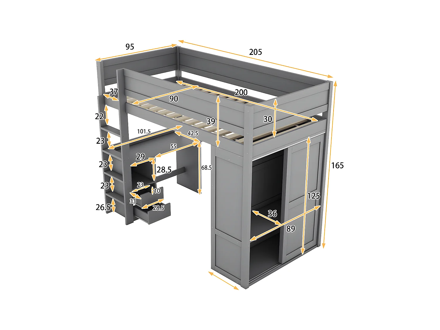 Mezzanine-Bett 90x200cm – multifunktionales Kinderbett – ausgestattet mit einem Kleiderschrank und einem Schreibtisch – aus massivem Kiefernholz – Grau