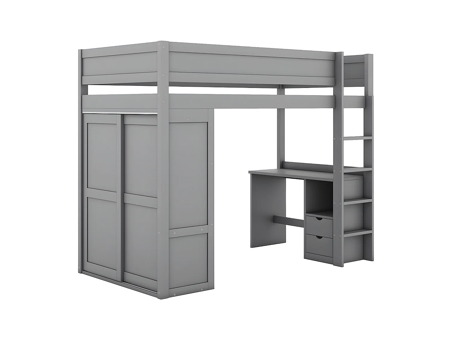 Mezzanine-Bett 90x200cm – multifunktionales Kinderbett – ausgestattet mit einem Kleiderschrank und einem Schreibtisch – aus massivem Kiefernholz – Grau