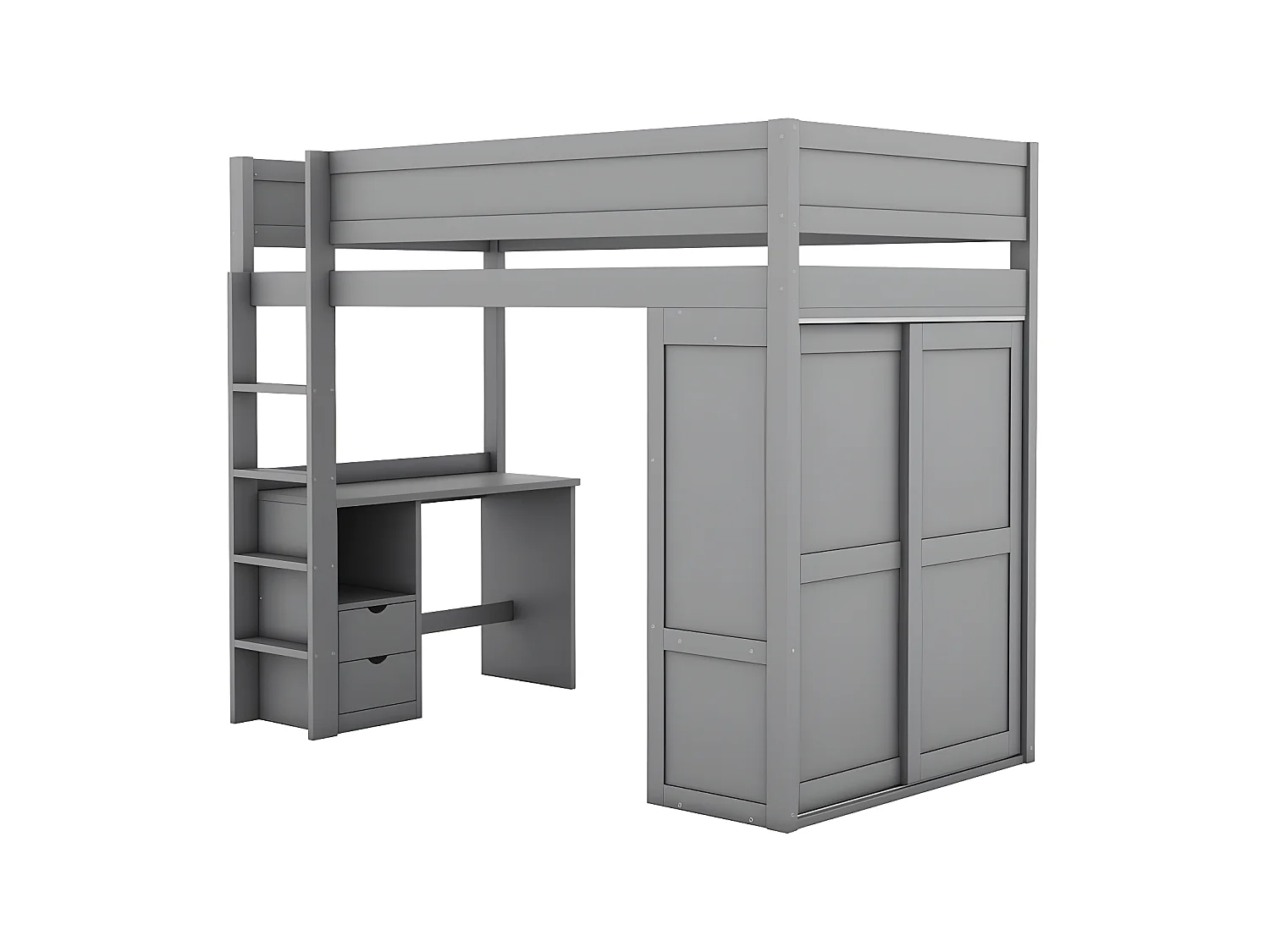 Mezzanine-Bett 90x200cm – multifunktionales Kinderbett – ausgestattet mit einem Kleiderschrank und einem Schreibtisch – aus massivem Kiefernholz – Grau