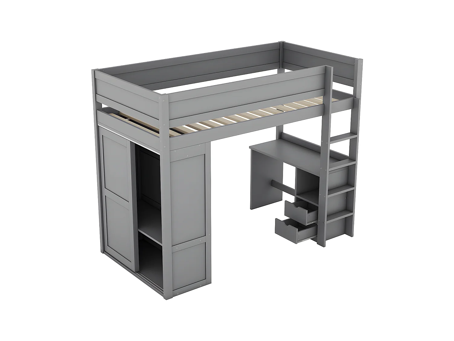 Mezzanine-Bett 90x200cm – multifunktionales Kinderbett – ausgestattet mit einem Kleiderschrank und einem Schreibtisch – aus massivem Kiefernholz – Grau