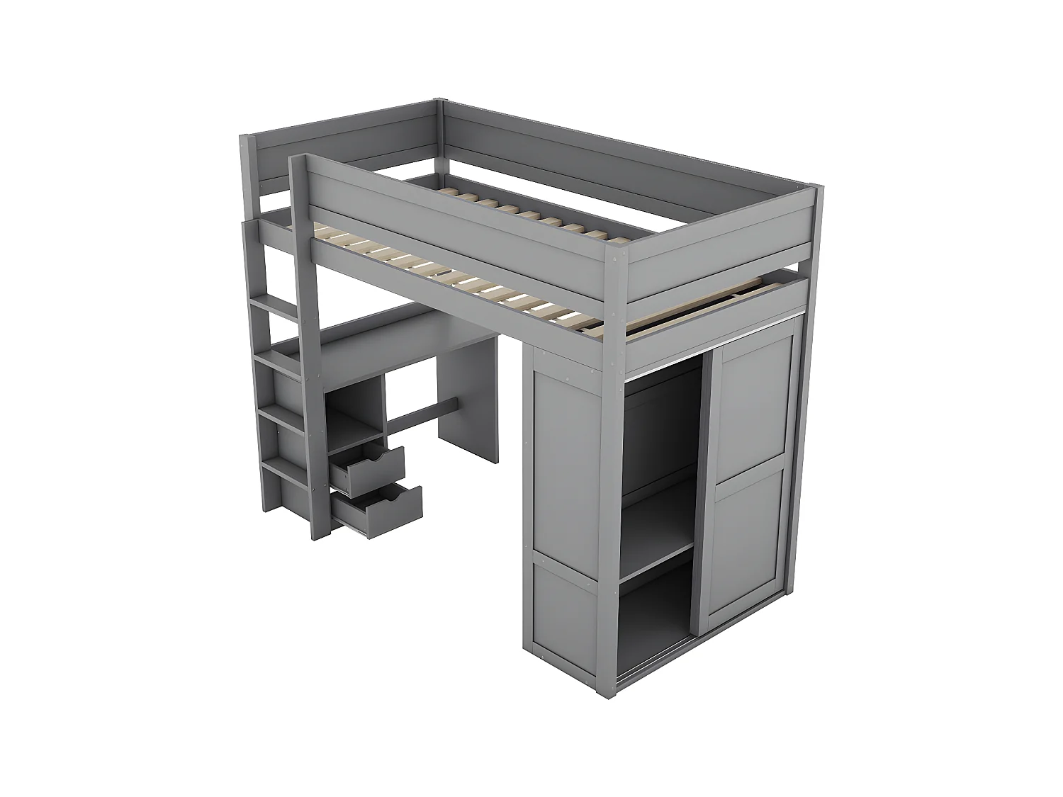 Mezzanine-Bett 90x200cm – multifunktionales Kinderbett – ausgestattet mit einem Kleiderschrank und einem Schreibtisch – aus massivem Kiefernholz – Grau