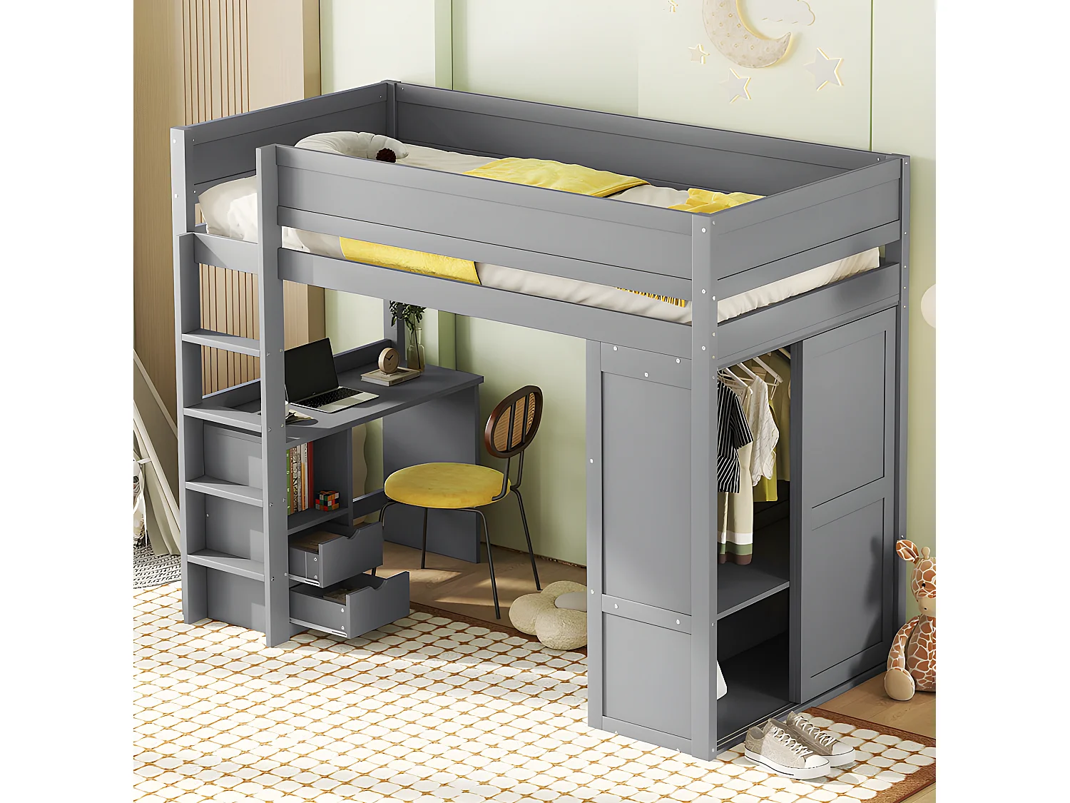 Letto a soppalco 90x200 cm - letto per bambini multifunzionale - dotato di armadio e scrivania - in pino massiccio - Grigio