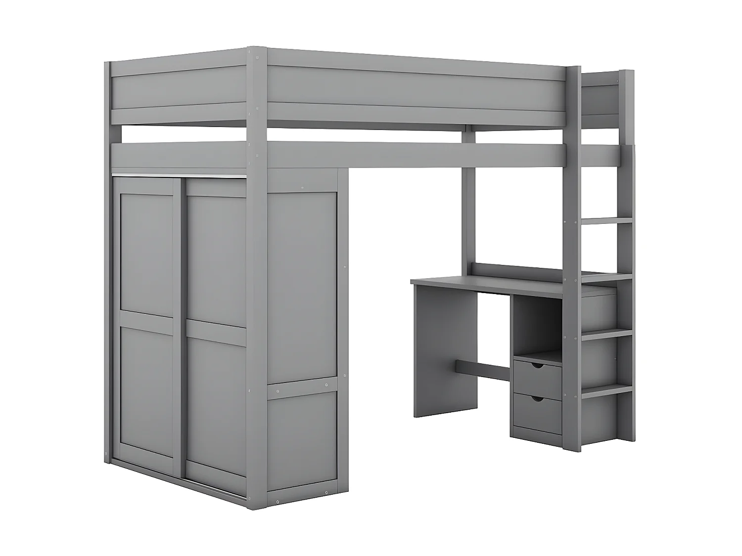 Letto a soppalco 90x200 cm - letto per bambini multifunzionale - dotato di armadio e scrivania - in pino massiccio - Grigio