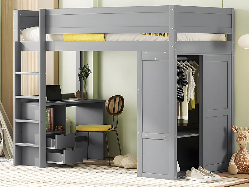 Lit mezzanine 90x200cm - lit enfant multifonctionnel - équipé d'une armoire et un bureau - en pin massif - Gris