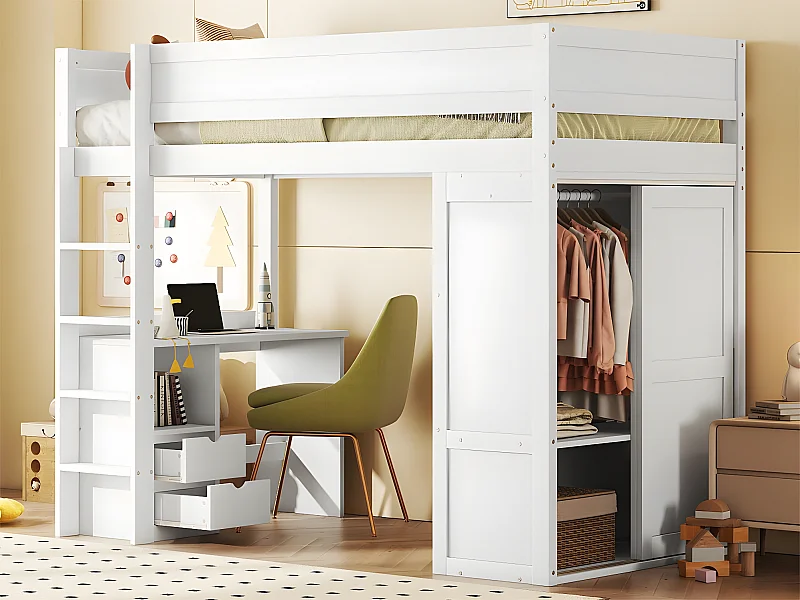 Hochbett 90x200cm – multifunktionales Kinderbett – ausgestattet mit einem Kleiderschrank und einem Schreibtisch – aus massivem Kiefernholz – Weiß