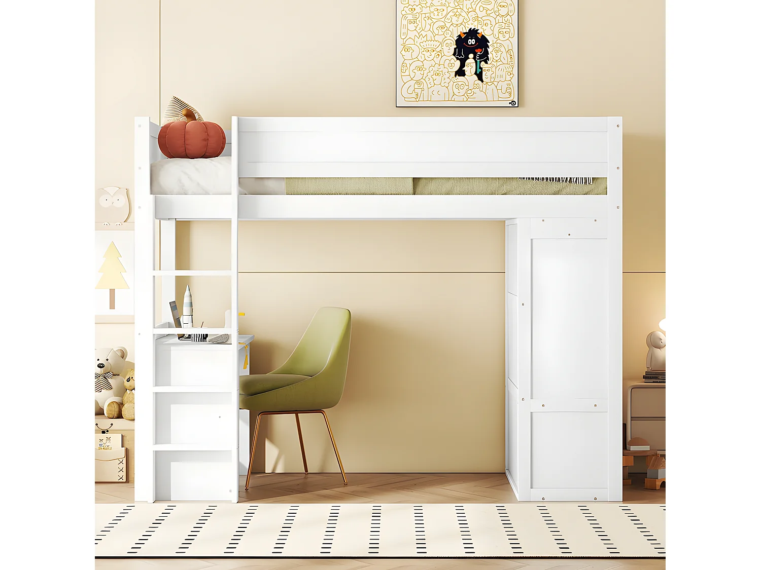 Lit mezzanine 90x200cm - lit enfant multifonctionnel - équipé d'une armoire et un bureau - en pin massif - Blanc