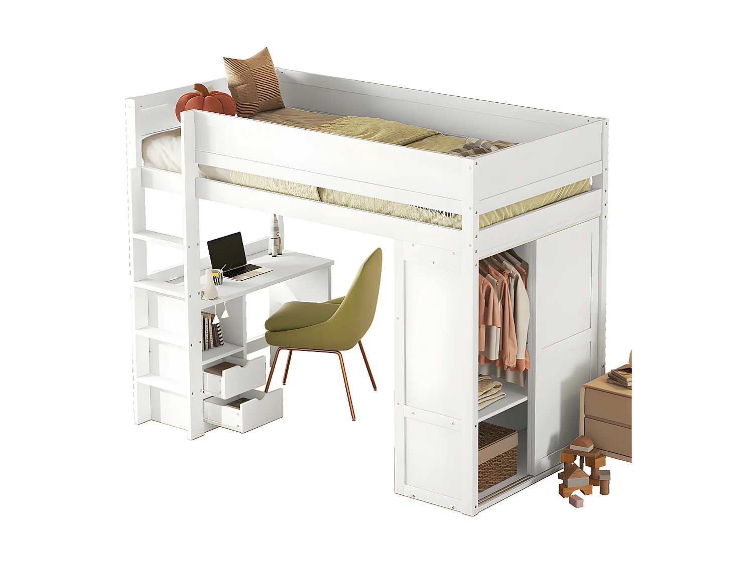 Lit mezzanine 90x200cm - lit enfant multifonctionnel - équipé d'une armoire et un bureau - en pin massif - Blanc