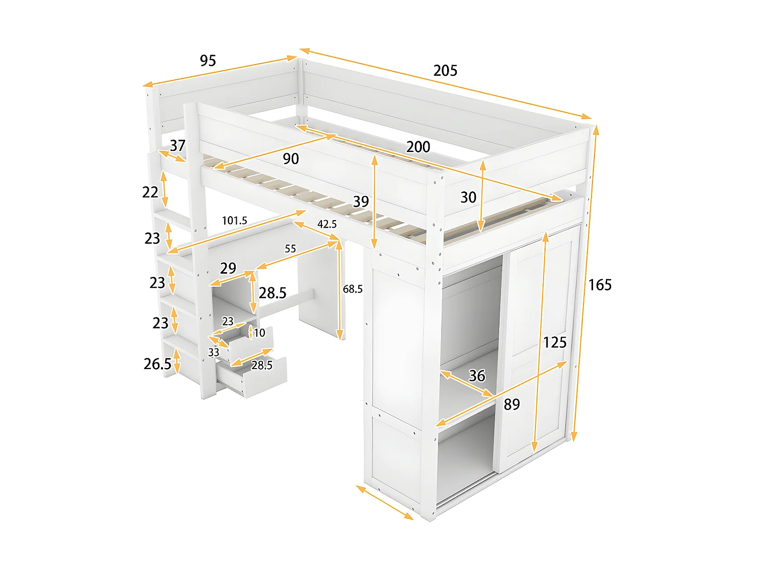 Lit mezzanine 90x200cm - lit enfant multifonctionnel - équipé d'une armoire et un bureau - en pin massif - Blanc