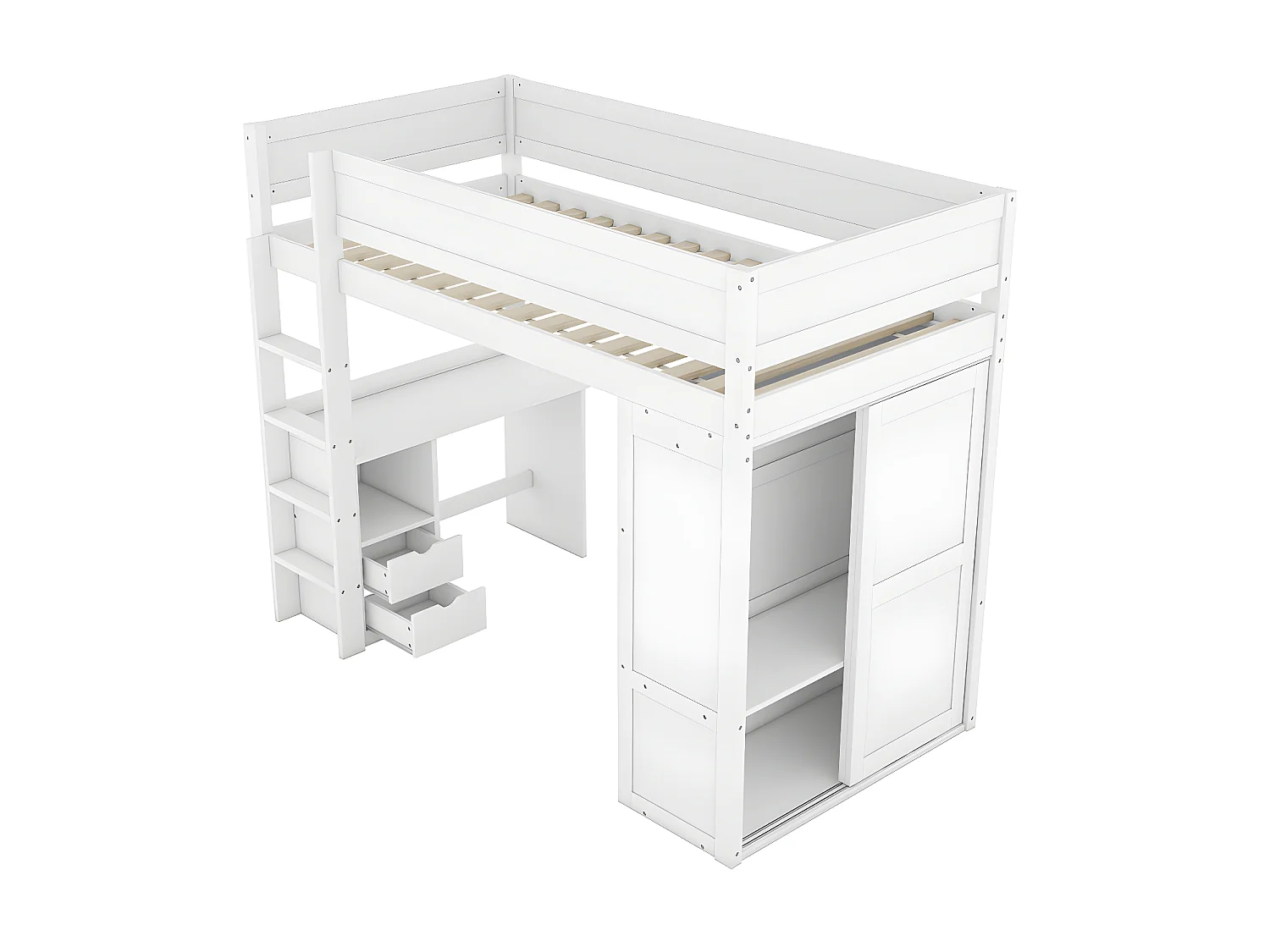 Lit mezzanine 90x200cm - lit enfant multifonctionnel - équipé d'une armoire et un bureau - en pin massif - Blanc