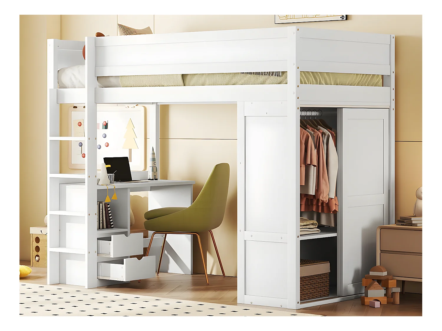 Lit mezzanine 90x200cm - lit enfant multifonctionnel - équipé d'une armoire et un bureau - en pin massif - Blanc