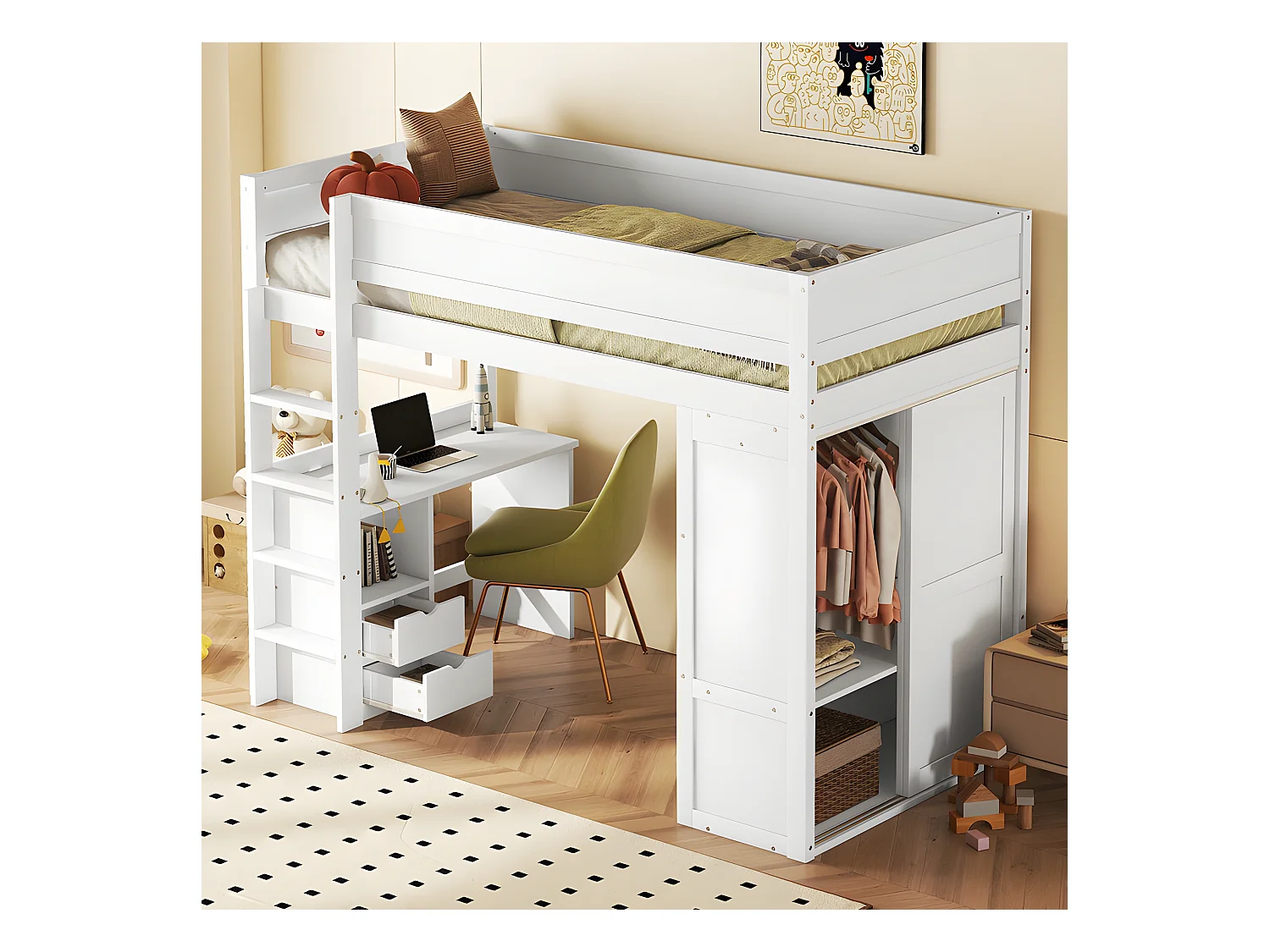 Cama entresuelo 90x200 cm - cama infantil multifuncional - equipada con armario y escritorio - de pino macizo - Blanco