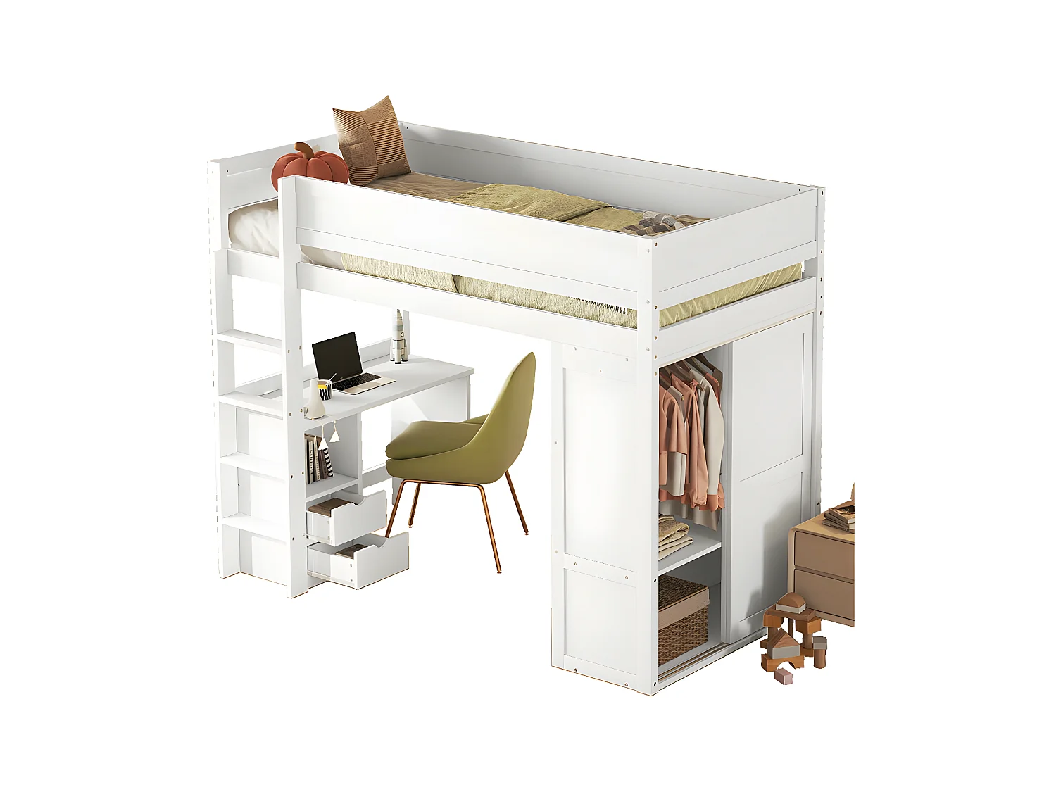 Cama entresuelo 90x200 cm - cama infantil multifuncional - equipada con armario y escritorio - de pino macizo - Blanco