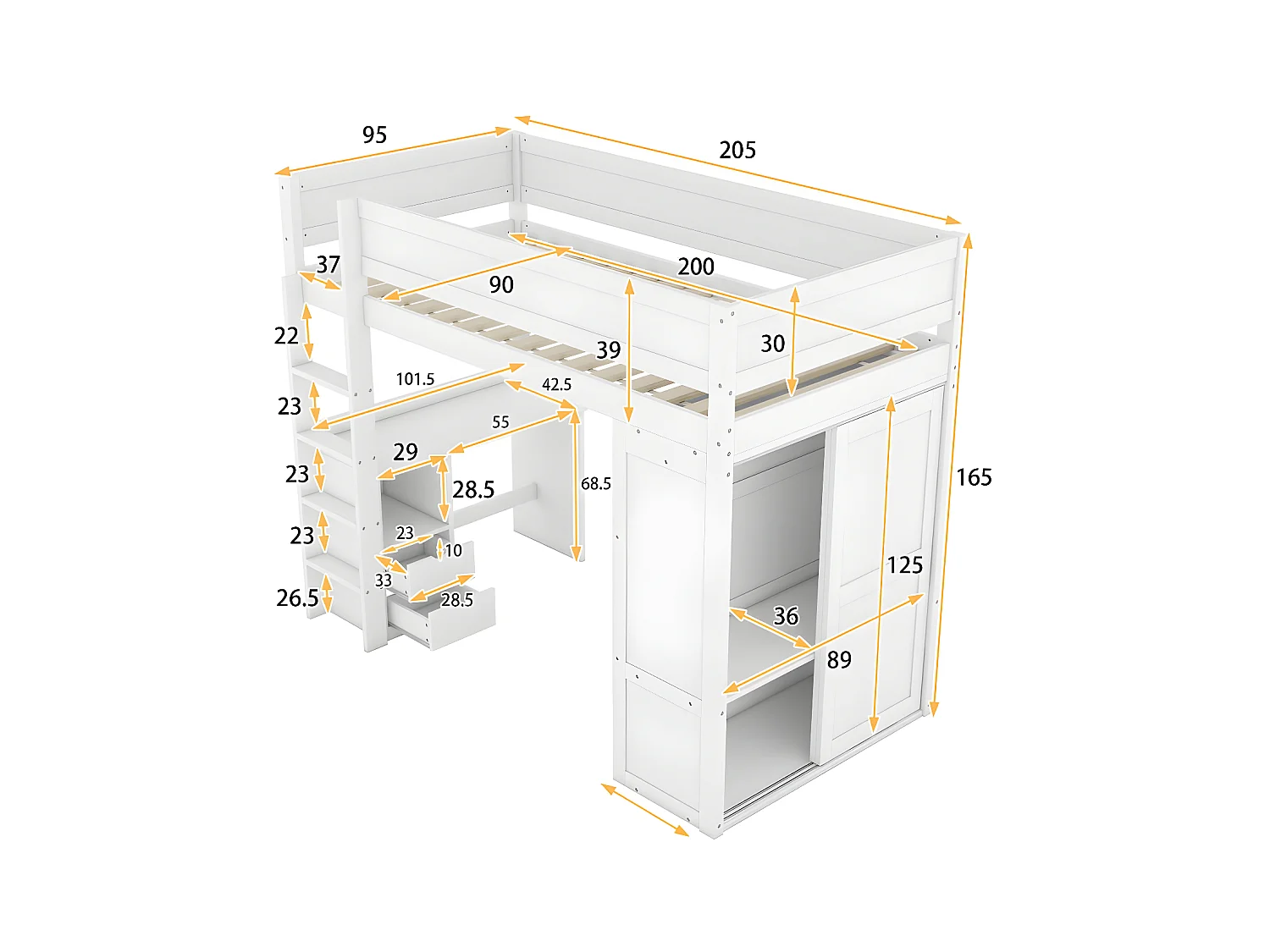 Cama entresuelo 90x200 cm - cama infantil multifuncional - equipada con armario y escritorio - de pino macizo - Blanco