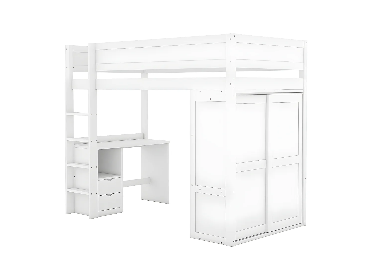 Cama entresuelo 90x200 cm - cama infantil multifuncional - equipada con armario y escritorio - de pino macizo - Blanco