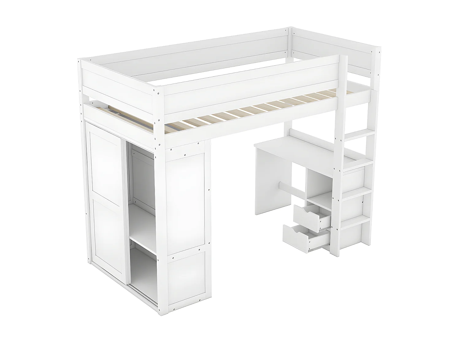 Cama entresuelo 90x200 cm - cama infantil multifuncional - equipada con armario y escritorio - de pino macizo - Blanco