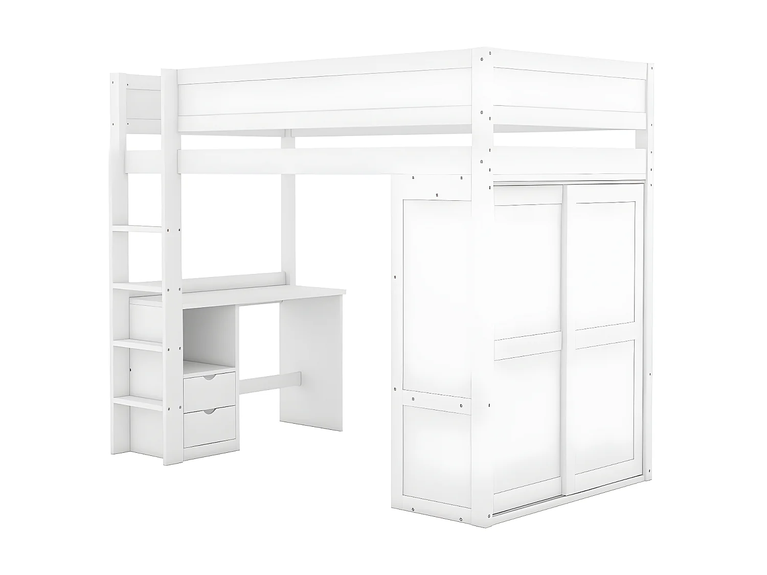 Letto a soppalco 90x200 cm - letto per bambini multifunzionale - dotato di armadio e scrivania - in pino massiccio - Bianco