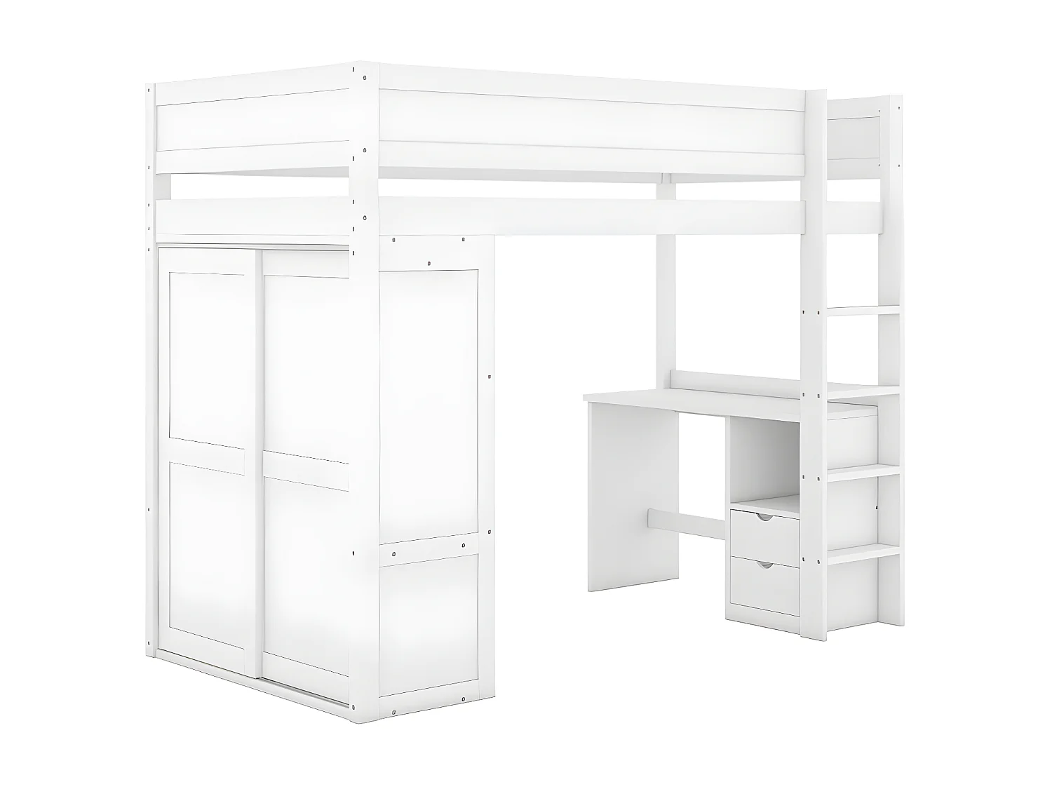 Letto a soppalco 90x200 cm - letto per bambini multifunzionale - dotato di armadio e scrivania - in pino massiccio - Bianco