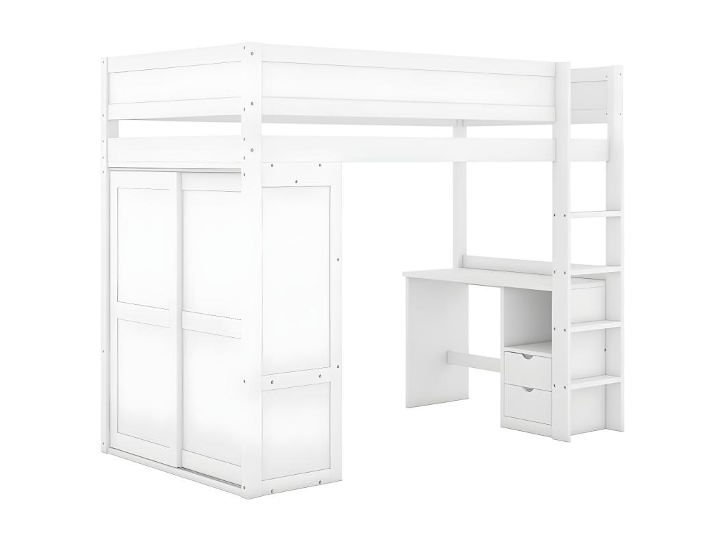 Mezzaninebed 90x200cm - multifunctioneel kinderbed - voorzien van kledingkast en bureau - in massief grenen - Wit