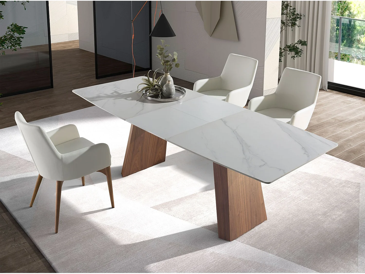 Table à manger à rallonge baril ovale marbre porcelaine et noyer 1134 ANGEL CERDA