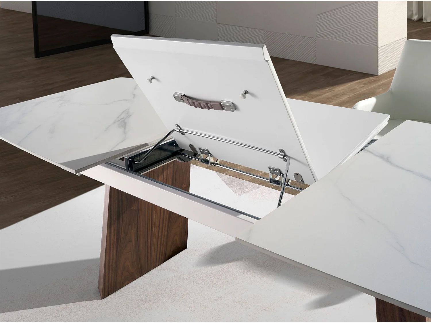 Table à manger à rallonge baril ovale marbre porcelaine et noyer 1134 ANGEL CERDA