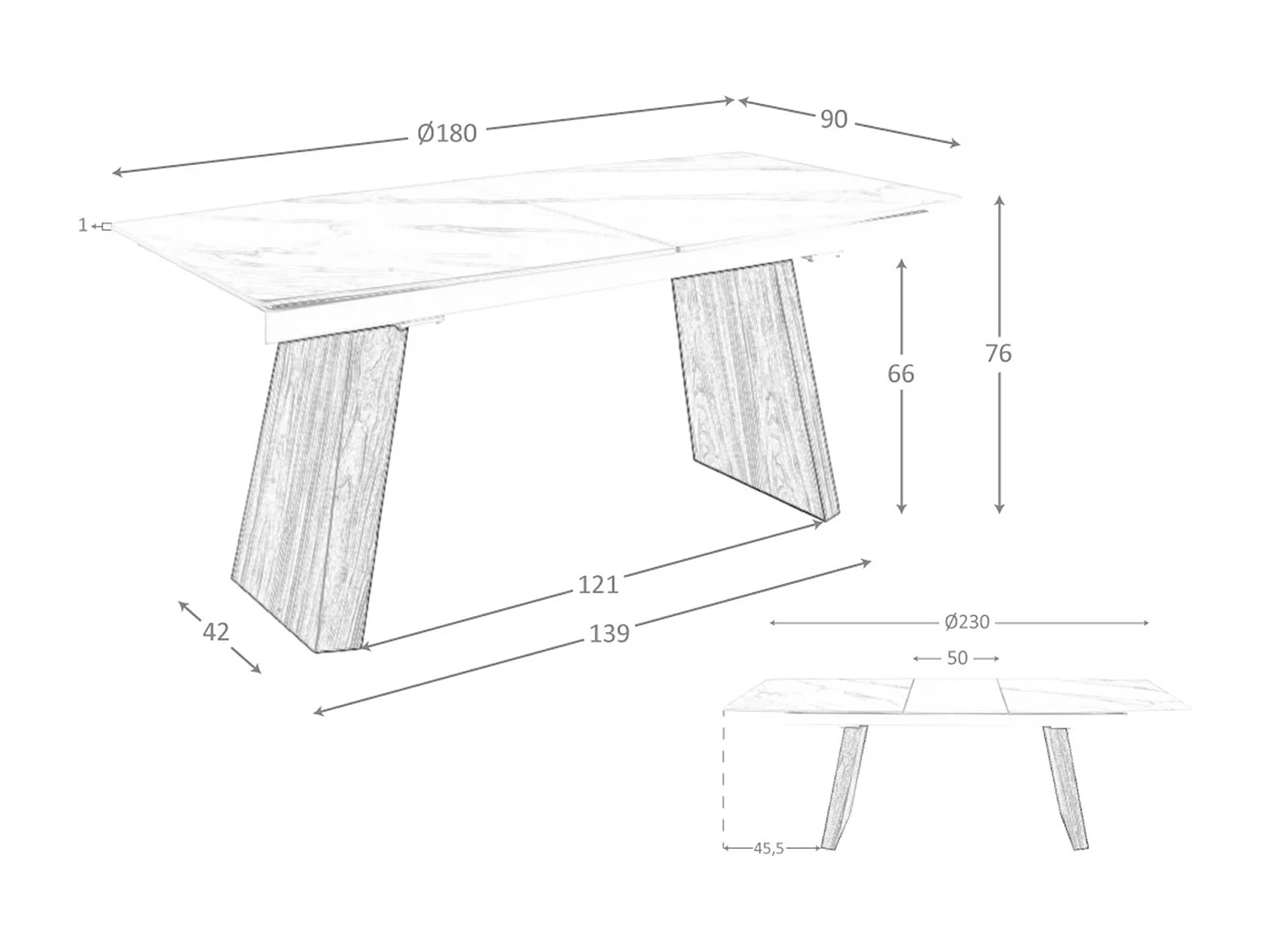 Table à manger à rallonge baril ovale marbre porcelaine et noyer 1134 ANGEL CERDA