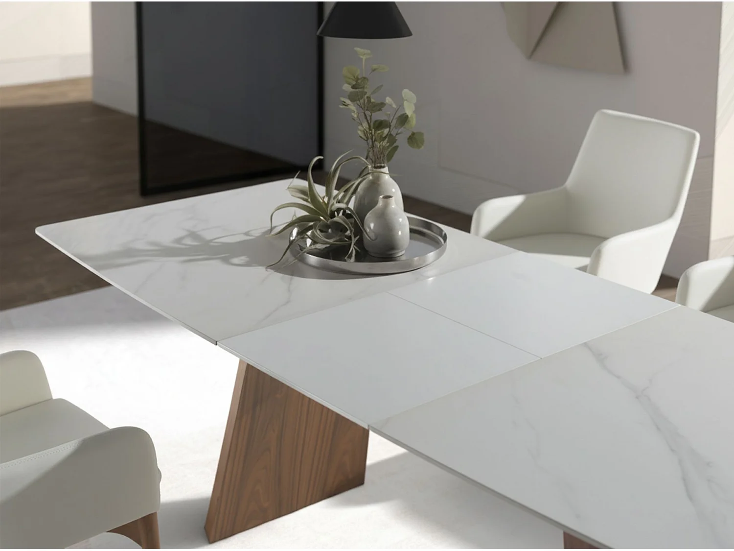 Table à manger à rallonge baril ovale marbre porcelaine et noyer 1134 ANGEL CERDA