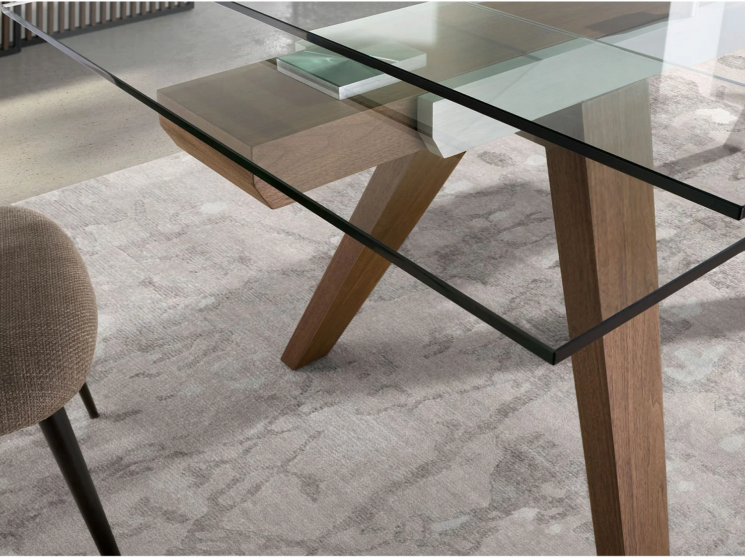 Table à manger à rallonge rectangulaire verre trempé et noyer 1131 ANGEL CERDA