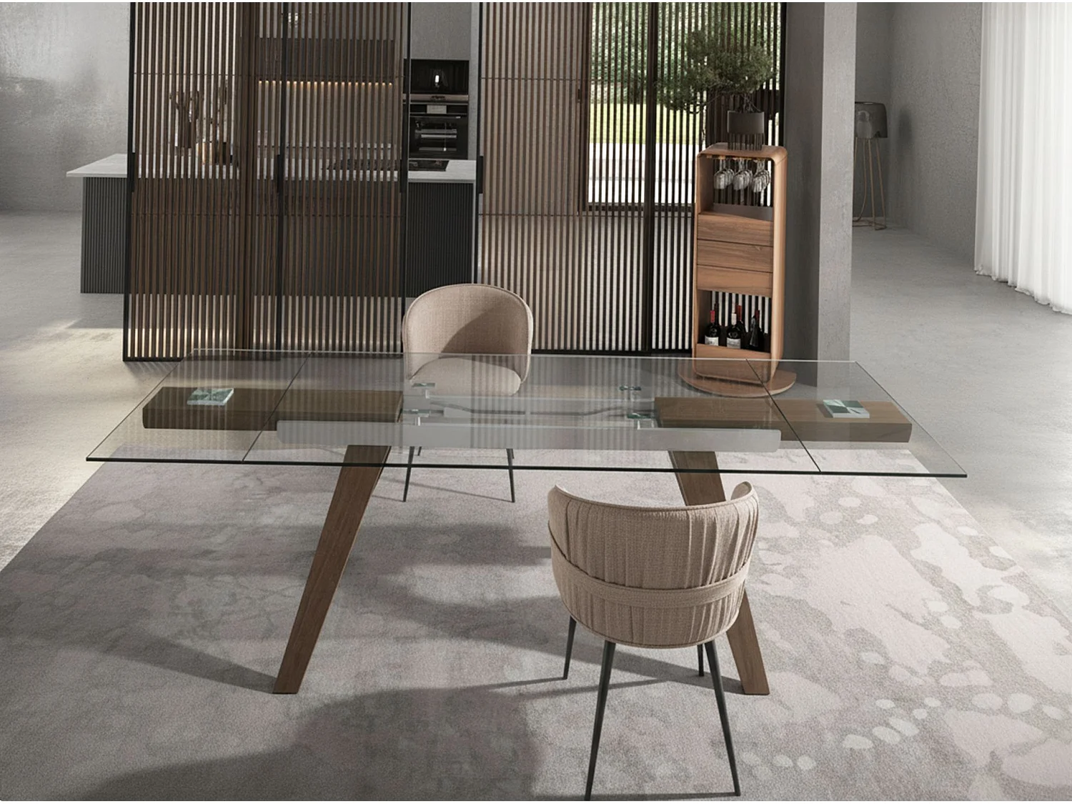 Table à manger à rallonge rectangulaire verre trempé et noyer 1131 ANGEL CERDA