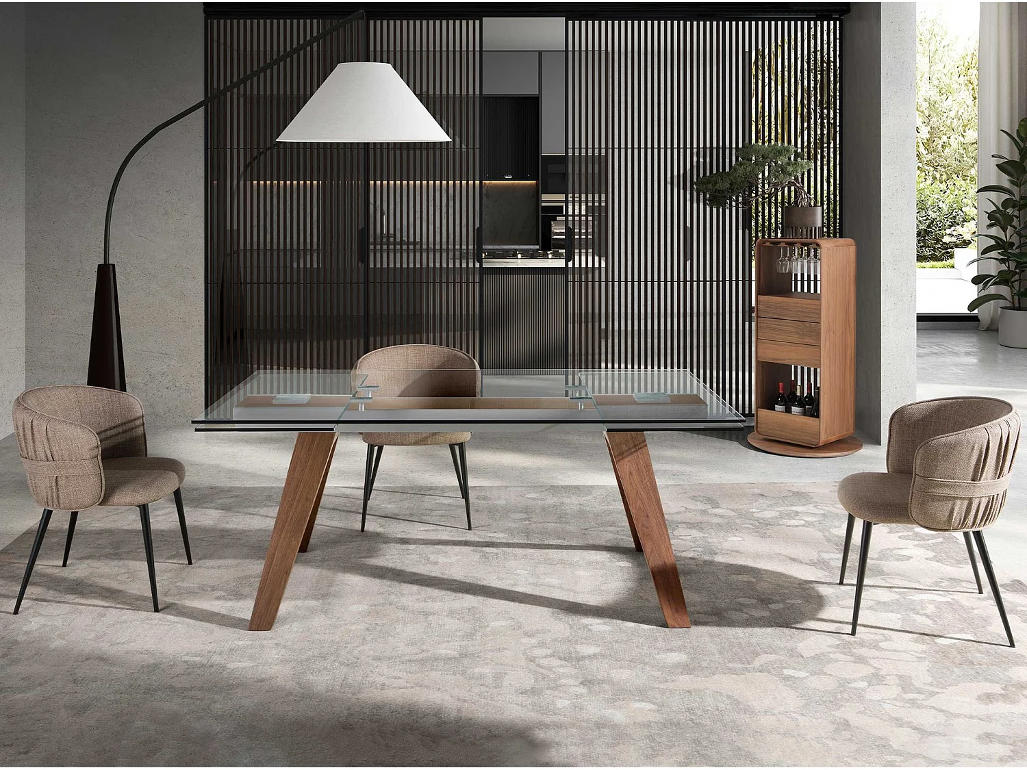 Table à manger à rallonge rectangulaire verre trempé et noyer 1131 ANGEL CERDA