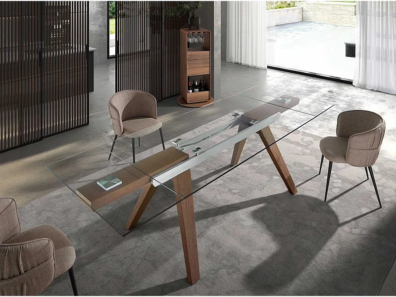 Table à manger à rallonge rectangulaire verre trempé et noyer 1131 ANGEL CERDA
