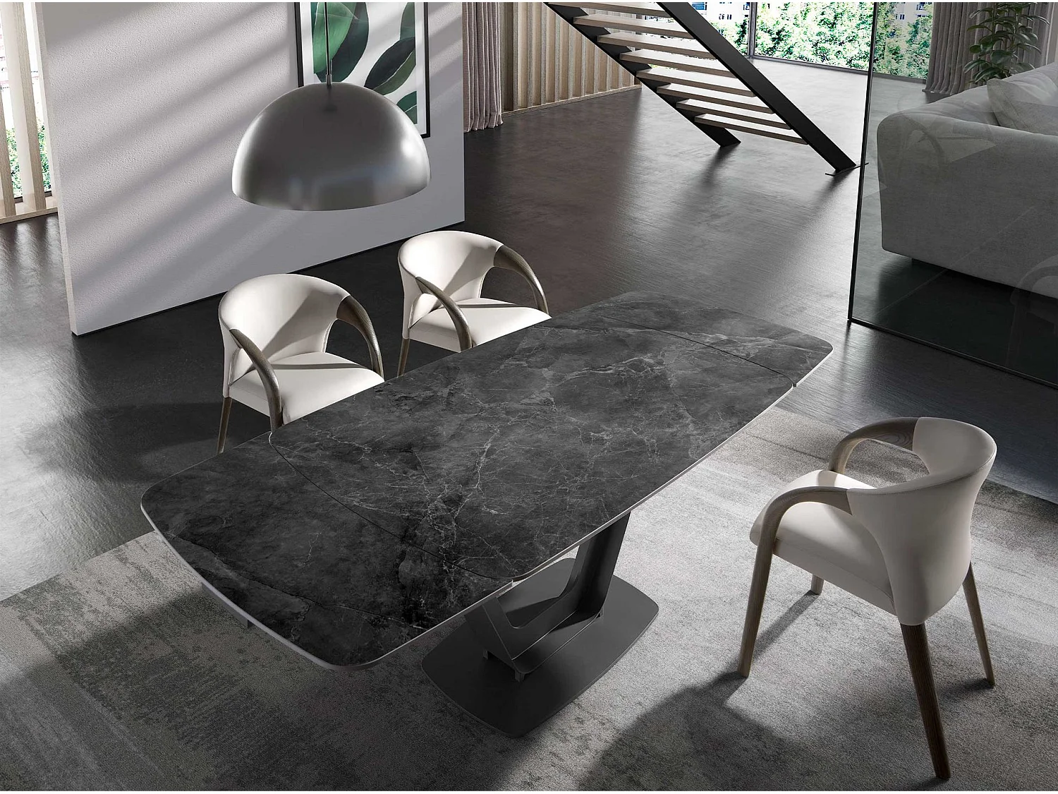 Table à manger à rallonge baril ovale marbre porcelaine et acier noir 1132 ANGEL CERDA